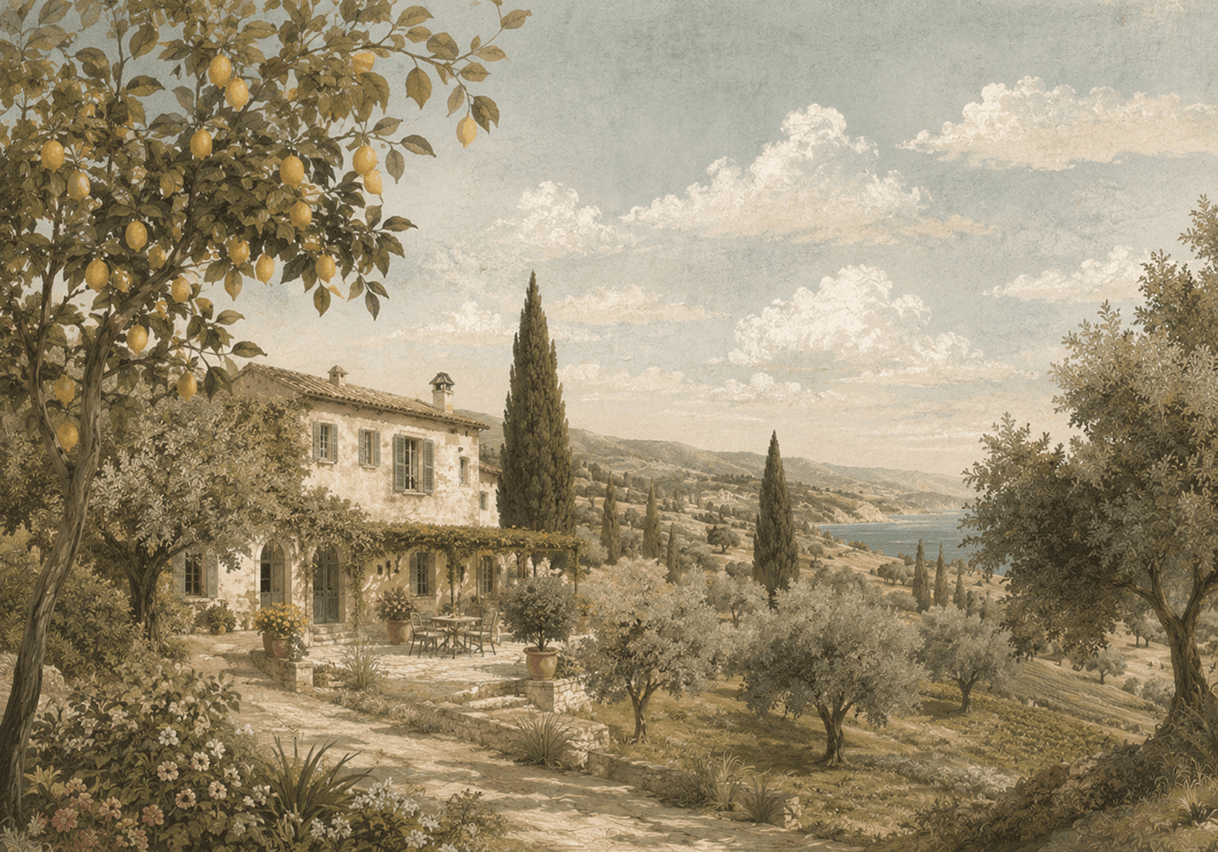 Paisaje toscano editorial italiano, casa entre cipreses y olivos, vista al mar